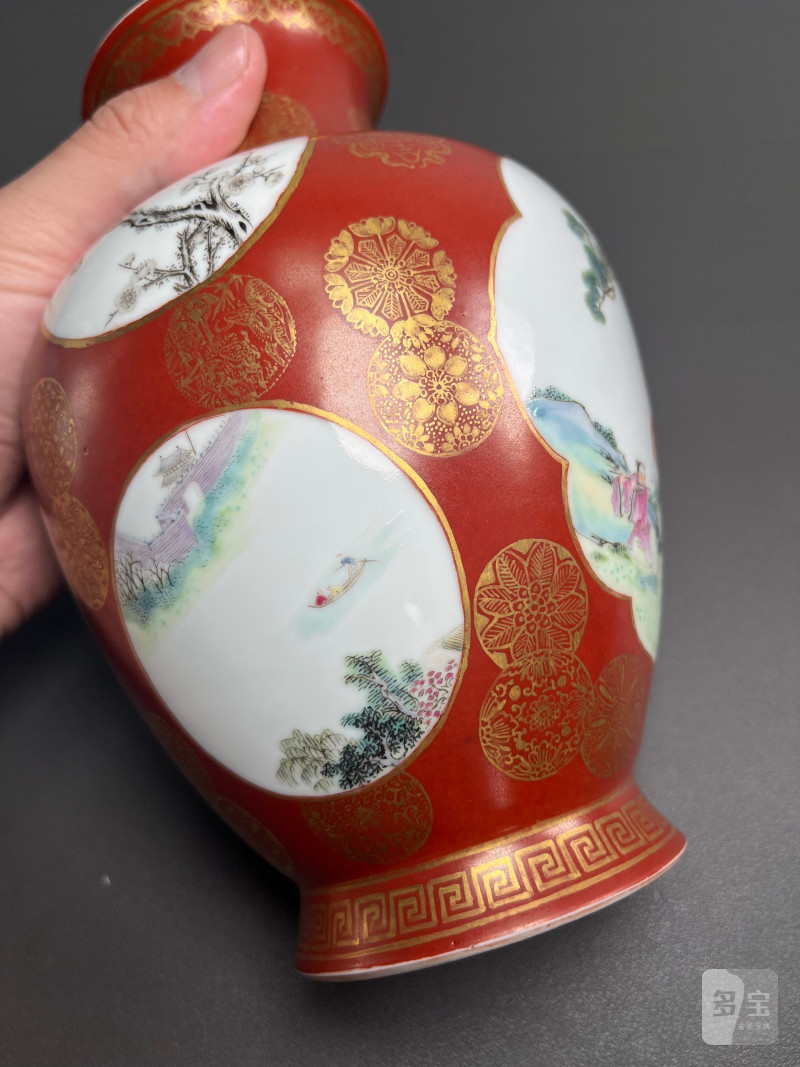 民国  珊瑚红地描金皮球花开光粉彩八仙图大口尊 - 图9